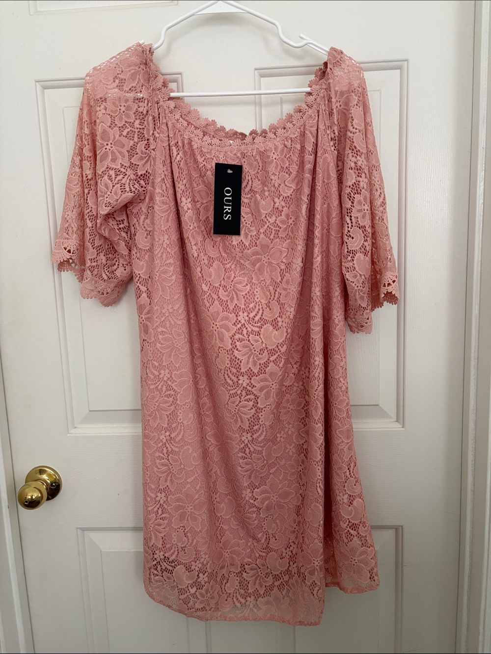 Ours Rose Pink Lace Midi Dress with Off-Shoulder Neck